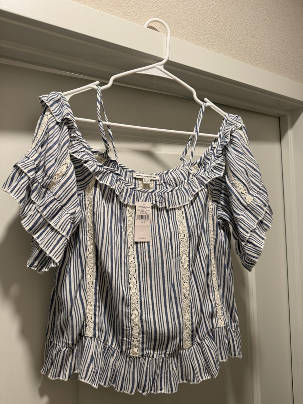 American Eagle Outfitters Blue & White Striped Cold-Shoulder Ruffle Top